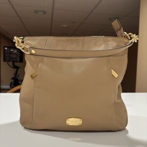 Michael Kors Pebbled Leather Chain Hobo Shoulder Bag Taupe Gold Hardware